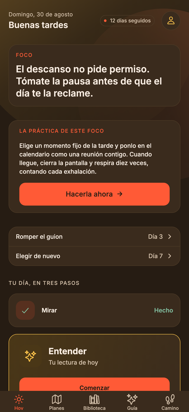 Pantalla de ElevarTe: tu día, con el foco, la práctica de hoy y la racha.
