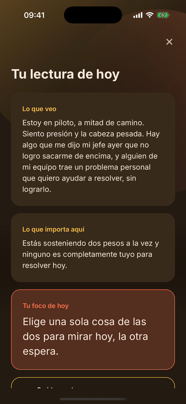 Pantalla de ElevarTe: tu lectura de hoy, con lo que veo, lo que importa aquí y tu foco de hoy.